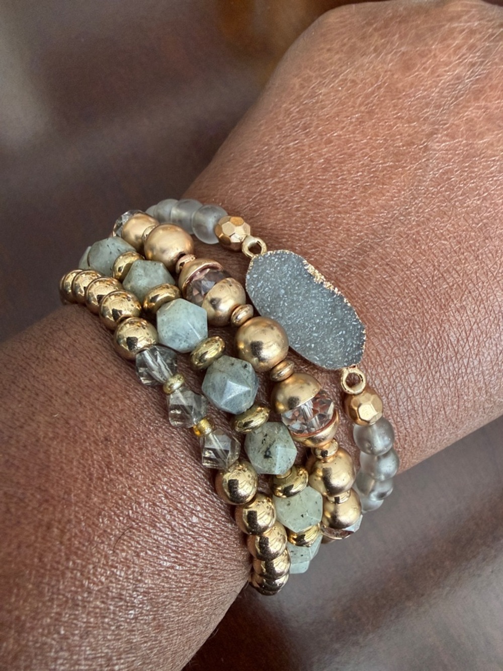 11PC Stacked Gray & Gold Beaded Bracelet and Earrings Set - Picture 7 of 9